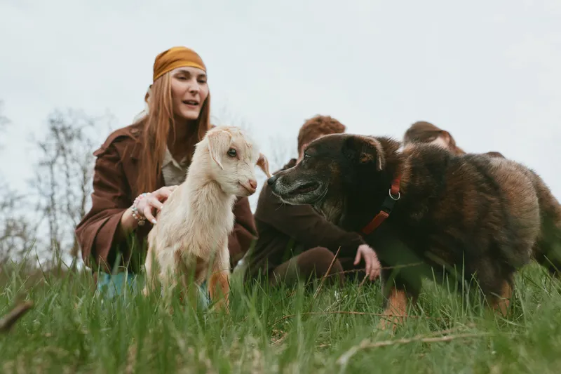A young woman in a brown jacket and headband gently interacts with a baby goat and a black dog on a grassy field in a natural lifestyle setting during an overcast day.