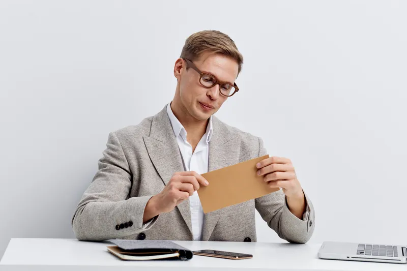 focused young man checking paper envelope sitting at white desk with laptop notebook smartphone casual clothing remote work concept digital nomad lifestyle
