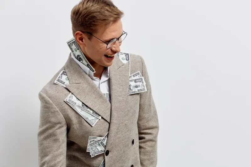 Laughing caucasian man with glasses wearing beige jacket covered with money banknotes posing isolated on white background cyber security and digital wealth concept