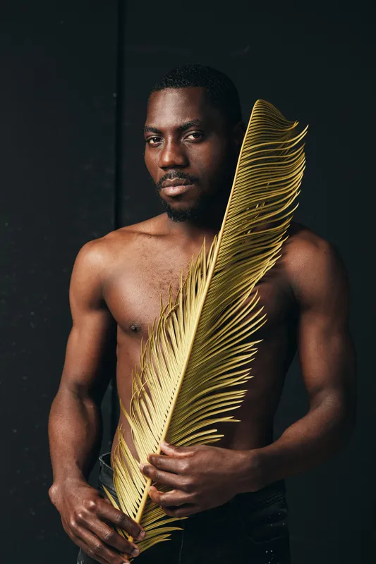 Black man with dark skin holding large golden leaf in creative conceptual visual style. Portrait of African ethnicity male with bare torso on black background for artistic expression.
