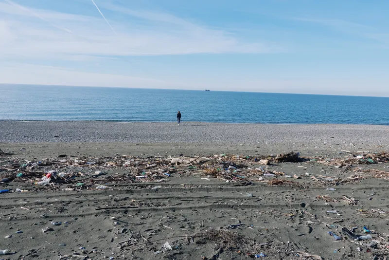 Beach litter along the shore with a lone figure by debris, calm sea and blue sky highlight pollution and waste on the coastal environment
