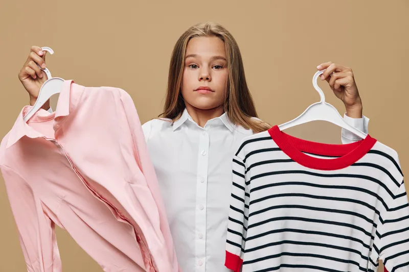 Girl holding two shirts on hangers showing choice between pink and striped clothing, casual fashion decision with neutral background and focused expression.