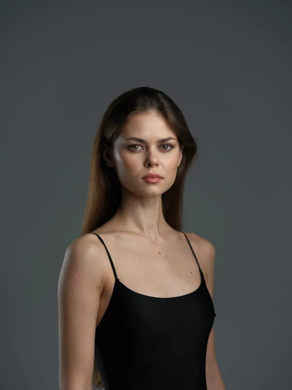 serious woman in black dress with long hair posing against gray background in studio lighting