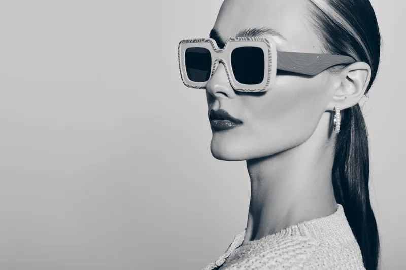Portrait of a Caucasian woman with fair skin wearing stylish large sunglasses and a textured sweater. The monochrome image emphasizes elegance, fashion, and modern accessories.
