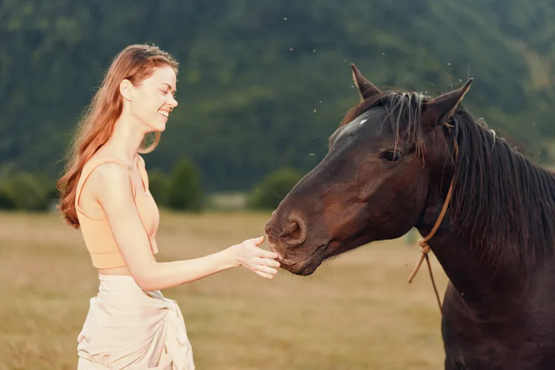 A smiling woman in light clothing stands in an open field, reaching toward a calm horse as they share a gentle moment, capturing a serene scene of connection and trust in natural light.