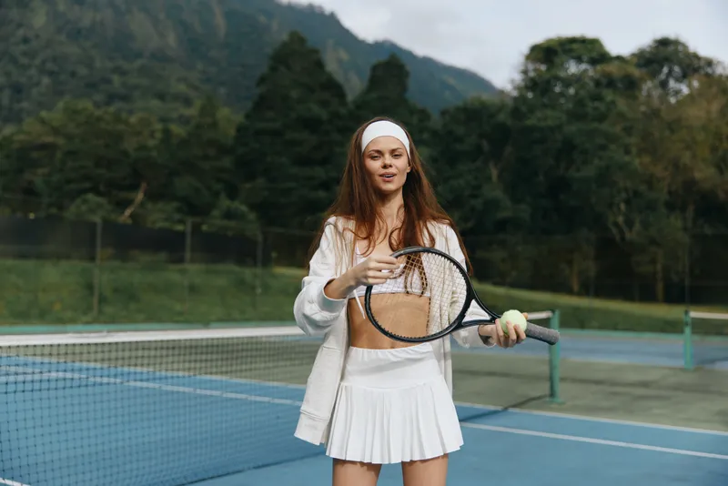 Young female tennis player in athletic wear, smiling and holding a tennis racket on a sunny outdoor court with green trees in the background