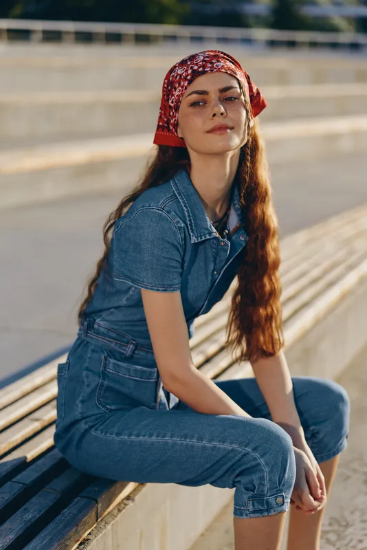 lifestyle woman in modern boho-western denim street style, relaxed pose with red bandana and long hair, natural sunlight, film color effect, casual outdoor atmosphere
