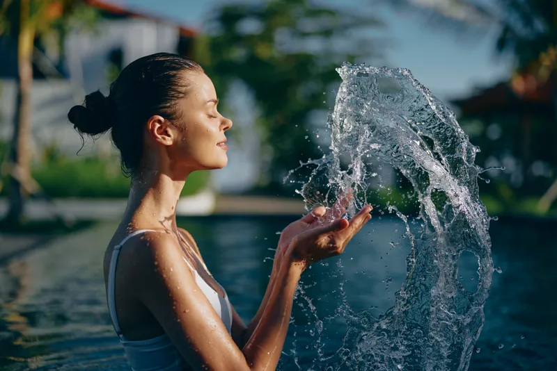 Smiling woman in a swimsuit stands by a pool, facing a fountain spray. Outdoor scene with bright sunlight, conveying lifestyle, wellness, and carefree summer relaxation.