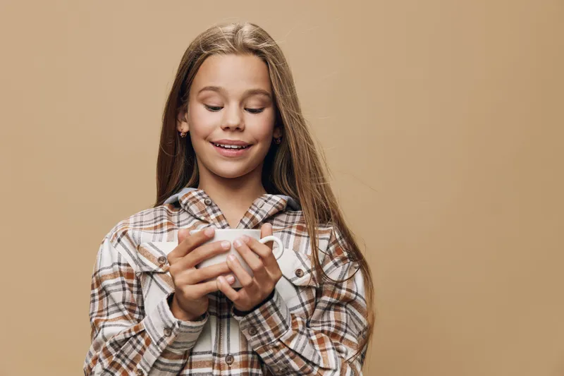 Girl with long hair in plaid shirt holding cup with both hands smiling with closed eyes on beige background. Relaxation, warmth and cozy mood with beverage in hands.