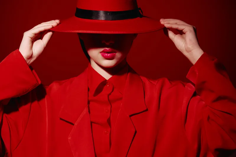 Elegant fashion model wearing a red oversized suit and matching wide-brimmed hat, her lips painted bright red. Artistic beautystyle with strong contrasting shadows create dramatic mood.