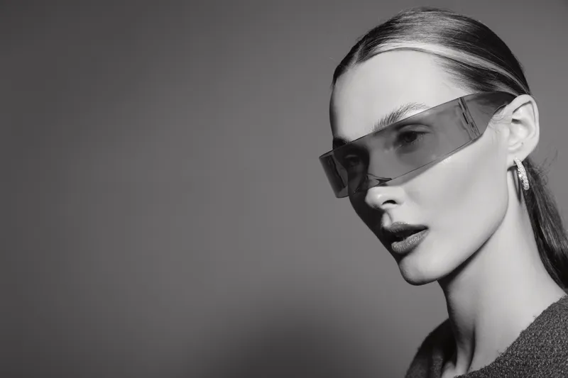 Young Caucasian woman with pale skin wearing futuristic translucent glasses looks sideways. Concept of fashion, innovation, and modern style.