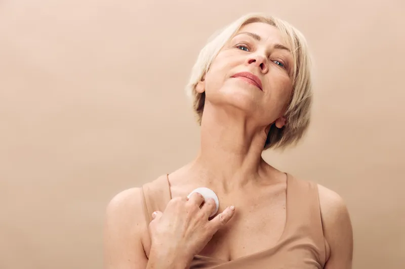 Mature woman with short grey hair applies deodorant on neck, wearing beige tank top. Neutral background emphasizes personal care, hygiene, and daily grooming routine for skin freshness.