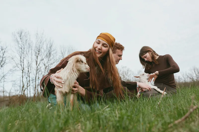 Three friends outdoors with goats in a grassy field, joyful interaction and gentle petting, natural light, rural setting, carefree lifestyle, connection with animals, warm mood