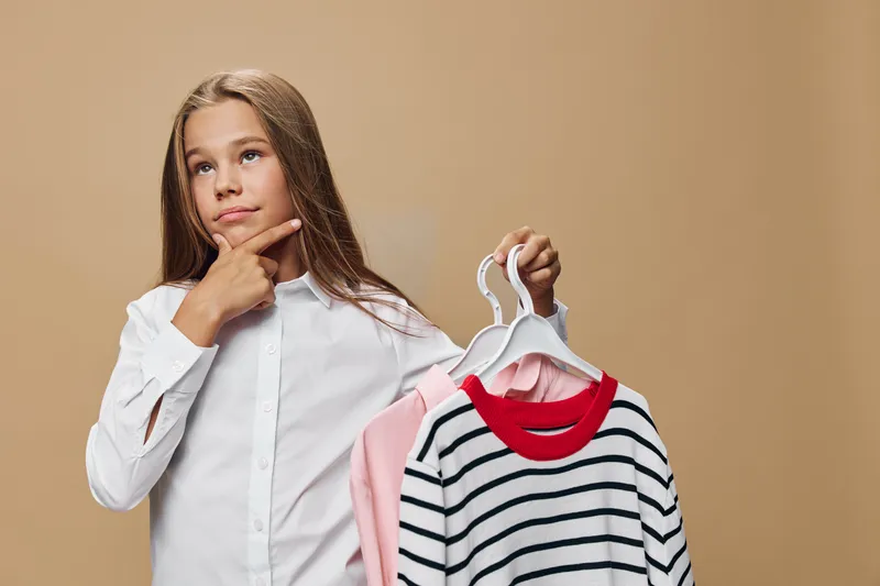 Girl holding clothes hangers with shirts and sweaters, thinking and deciding on outfit choice indoors against neutral background. Child in casual apparel for fashion selection or wardrobe.