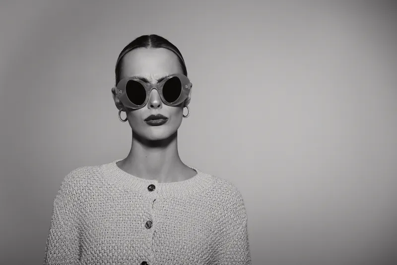 Stylish white woman with pale skin wears round dark sunglasses and a buttoned textured sweater. Minimalist studio portrait with confident expression and sleek hairstyle.