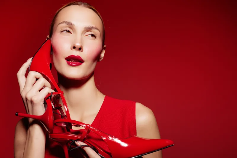Woman in red dress holds red high heel shoe near face on red background. Fashion concept with glossy makeup and stylish accessory for glamour and elegance.
