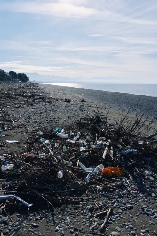 Beach scene with litter and debris along a pebbled shore, polluted coastline by the ocean, driftwood and plastic waste scattered under a cloudy sky.