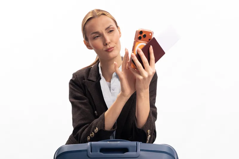 Young woman with suitcase holds smartphone and passport while making a selfie. Travel concept with business style, preparation, and modern technology isolated on white background.