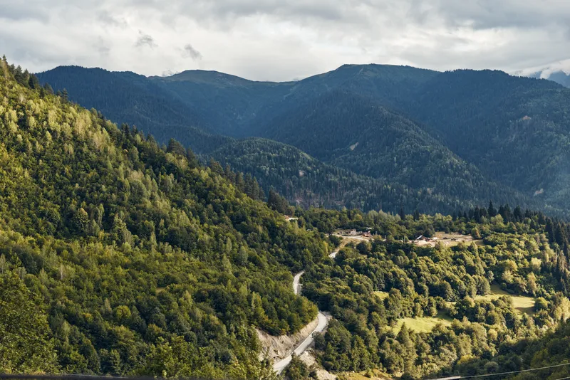 Mountain forest road winding through valley landscape, nature hills and clouds with lush greenery, scenery and outdoor path, sense of authenticity inclusivity wilderness