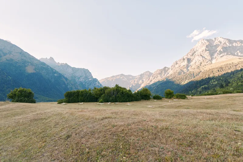 Mountains meadow valley landscape field sky in a wide panoramic nature scene with dry grass foreground, distant forested slopes and sunlit rocky peaks under a pale blue sky.