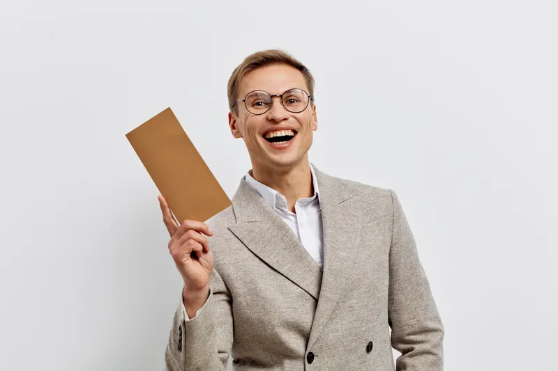 smiling young caucasian man wear glasses hold laptop celebrate success isolated on white background technology digital nomad concept
