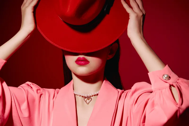 Fashionable woman wearing bright pink clothes and pearl necklace hides her face behind a red wide brim hat against a red background. Creative beauty and fashion concept.