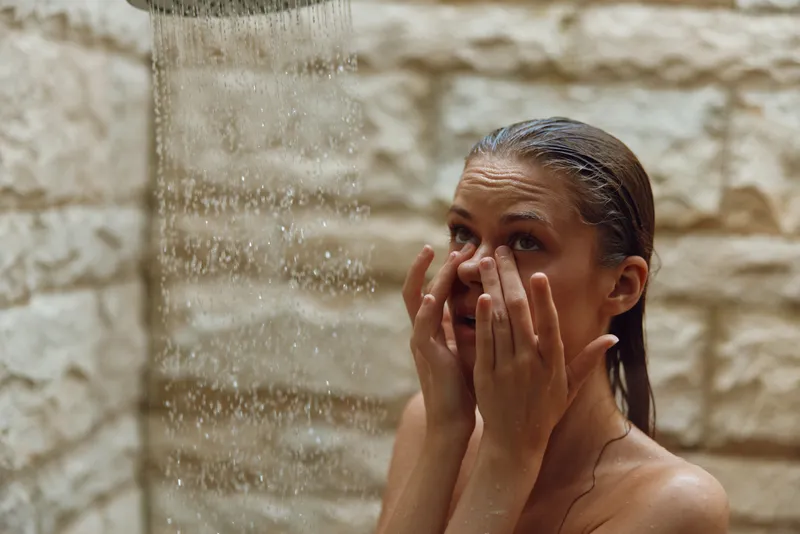 Young woman washing face under shower water with wet hair, natural skin care routine, refreshing morning cleanse, indoors bathing scene with stone wall background.