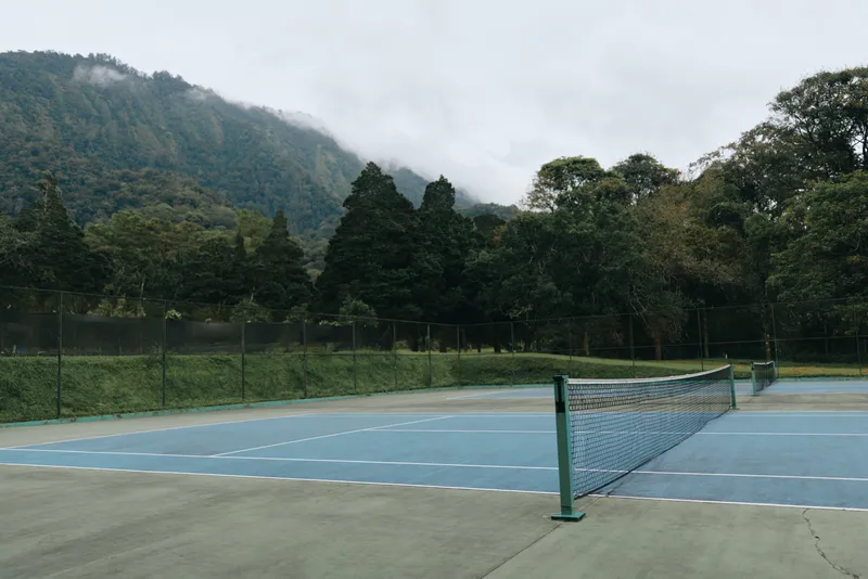 Serene empty tennis court surrounded by lush greenery, ideal for sports enthusiasts, showcasing tranquil outdoor activity and nature s beauty in vibrant colors