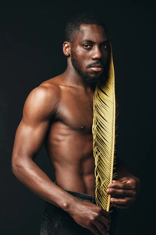 African man with muscular body holding yellow palm leaf in creative conceptual visual style. Dark skin, shirtless male model posing with natural element on black background for artistic portrait.