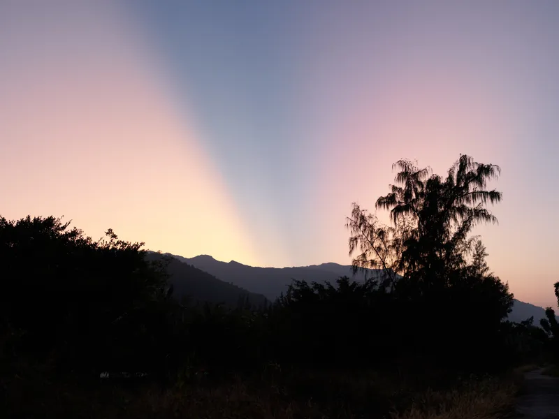 Silhouette of trees and mountains at sunset with soft pastel sky and radiant light beams creating a peaceful and serene natural landscape scene.