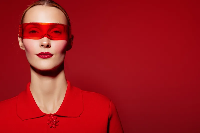 Portrait of a confident woman wearing red sunglasses and a red sweater against a red background. Concept of fashion, style, and bold color contrast in modern photography.