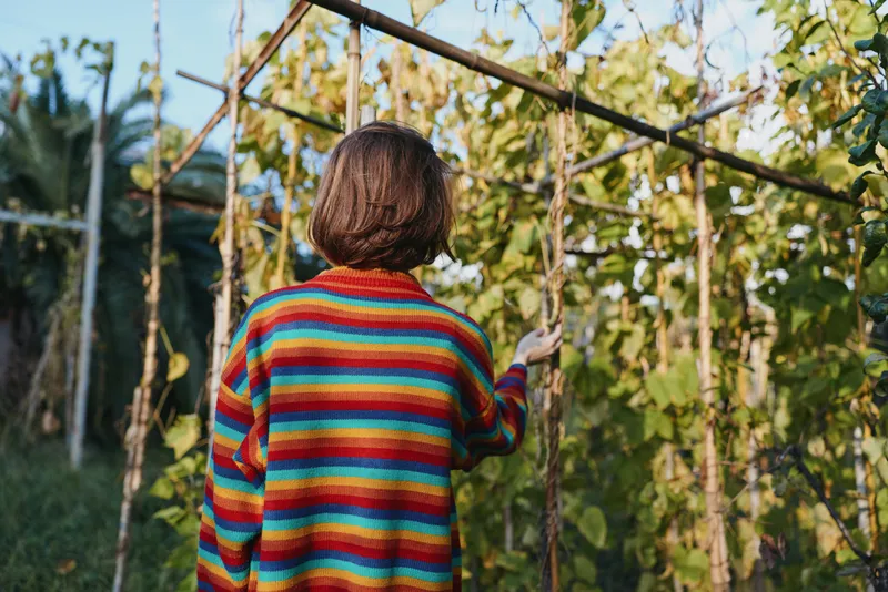 Woman in a colorful striped sweater stands back view in a lush garden among climbing plants, touching vines with short hair, casual outfit and relaxed contemplative lifestyle scene.