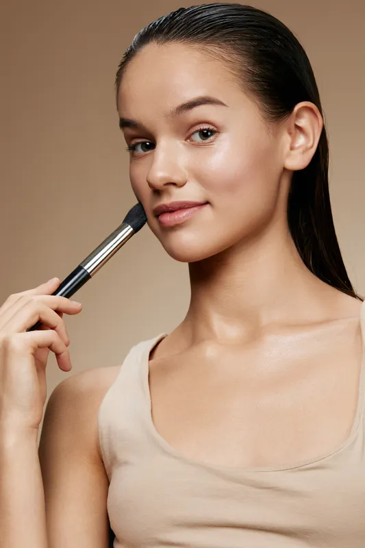 Young woman applying makeup with a brush, showcasing a natural beauty look, soft skin tone, and a neutral background for a fresh and elegant style