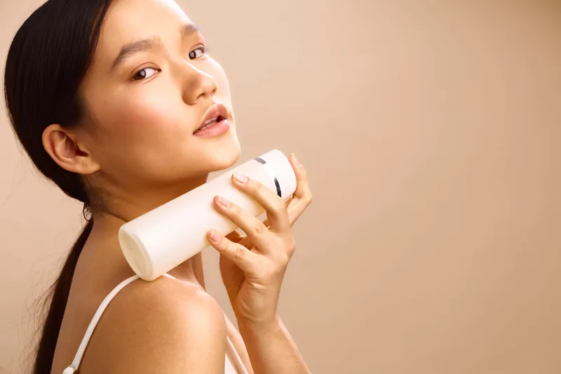 Asian woman is captured in a close portrait while holding a bottle near her face, conveying a calm, elegant skincare moment with a soft smile and a gentle, confident presence.