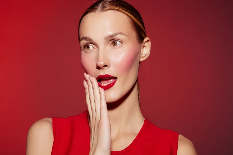 Portrait of surprised woman with red lipstick and sleeveless dress on red background. She touches her face with hand, showing emotion and beauty concept in studio lighting.