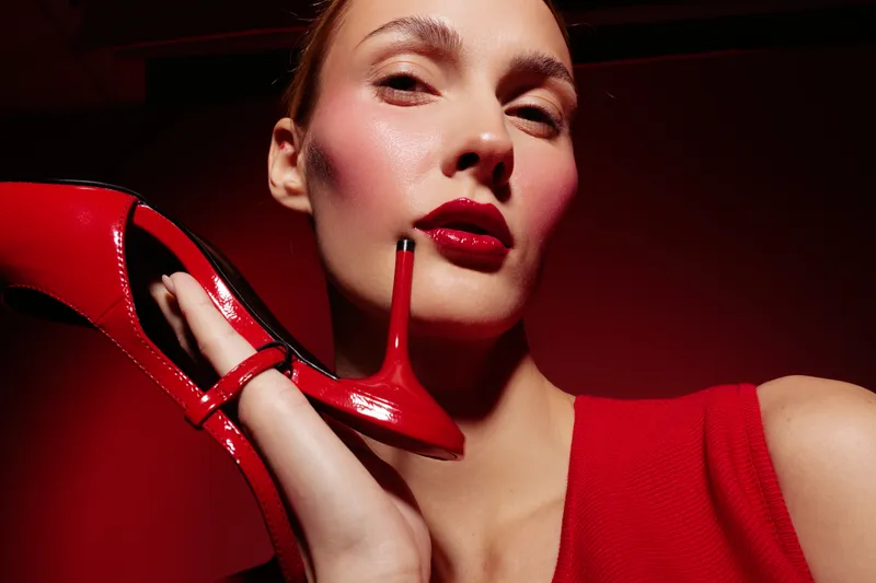 Close-up of a woman with red lipstick holding a red high heel shoe near her face. The image features bold makeup and a red background, highlighting fashion and beauty concepts.