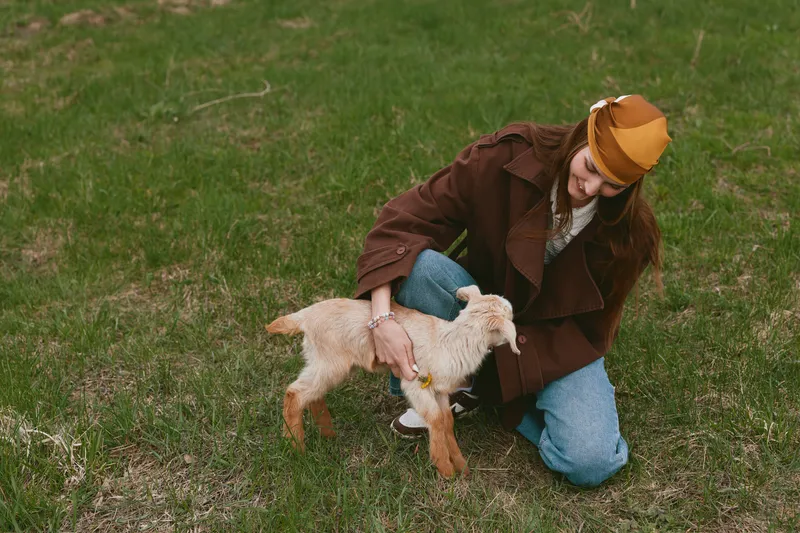 A young woman wearing a brown coat and mustard headband gently holds a baby goat while kneeling on green grass in a natural outdoor setting on a calm day.