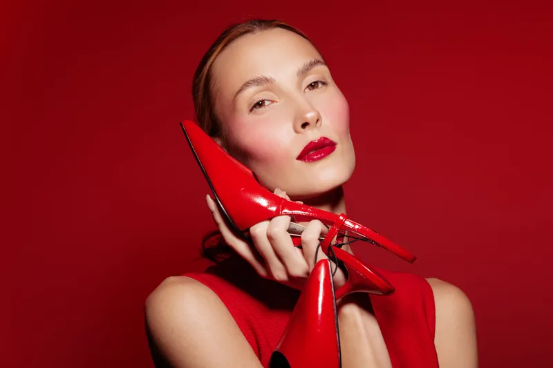 Stylish woman in red dress holds red high heel shoe near face against red background. Fashion concept with bold makeup and elegant pose in studio lighting.