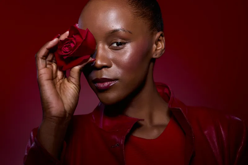 Portrait of a confident Black woman with dark skin holding a red rose near her eye, wearing a red outfit. The red background and lighting create a bold, elegant mood.