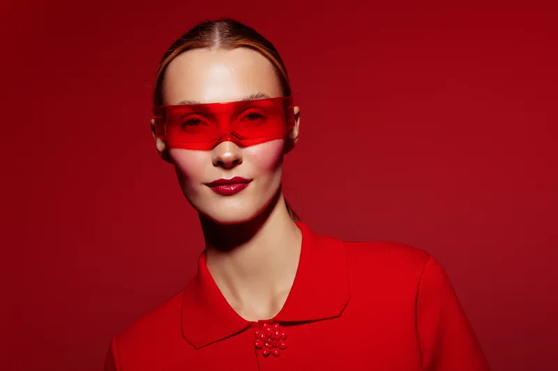 Portrait of confident woman wearing red sunglasses and red sweater against red background. Fashion concept with bold color, style, and modern accessories in studio lighting.