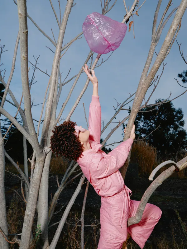 Person wearing a pink jumpsuit reaches up to a pink balloon among bare branches, capturing a playful outdoor moment with a clear sky and tranquil natural scenery, emphasizing ascent and curiosity