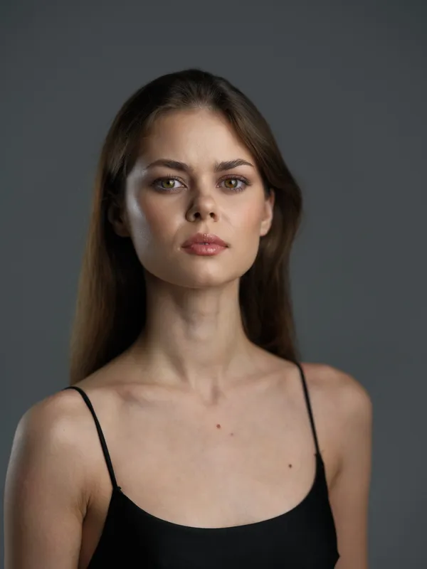 Close-up portrait of a serious woman with long brown hair wearing a black tank top against a gray background