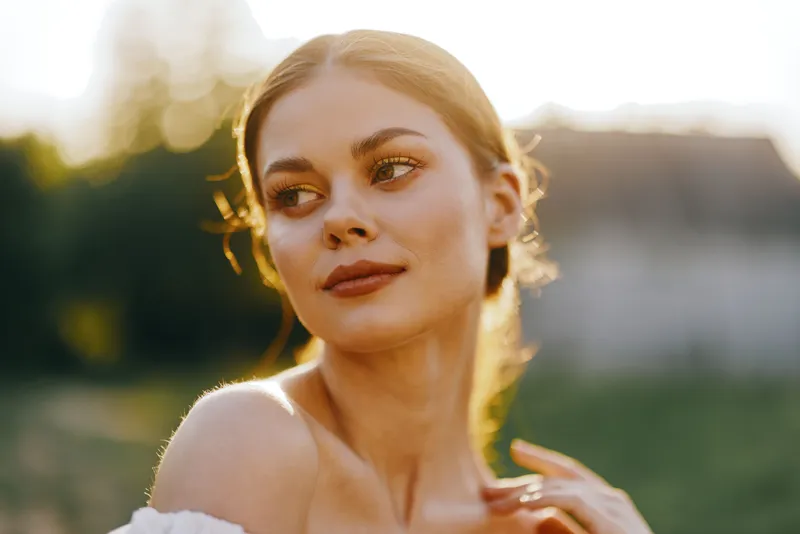 Beautiful young woman with natural makeup smiling softly in a sunlit outdoor setting, embodying elegance and serenity in a summer atmosphere