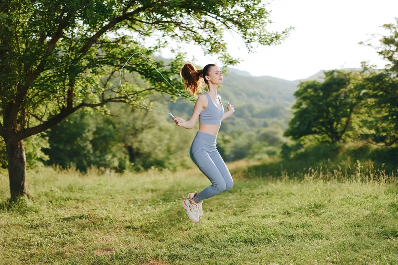 Young woman jumping in a natural green landscape, wearing sporty attire, conveying joy and energy, ideal for healthy lifestyle and fitness concepts