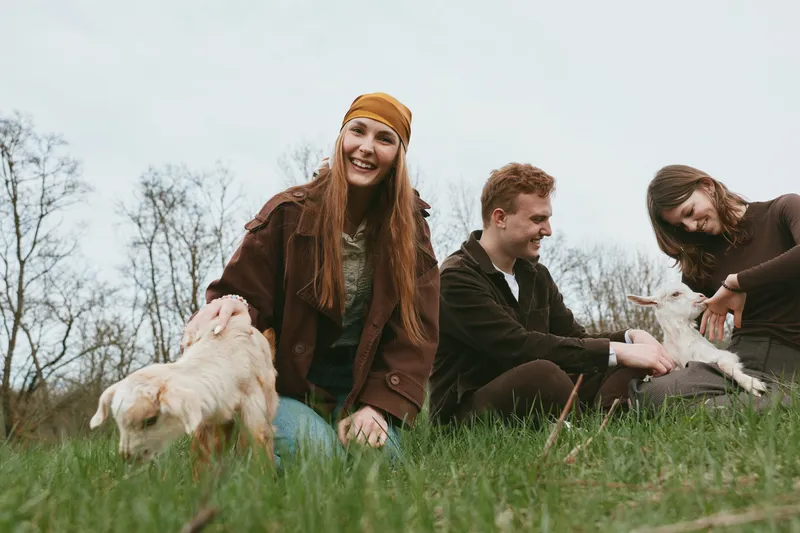 A cheerful group of people outdoors with dogs, enjoying a casual afternoon in a grassy field, capturing a lifestyle moment of friendship, playfulness, and relaxed interaction in nature, with smiles.