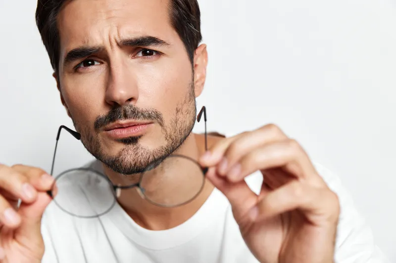 Thoughtful young man holding glasses in hands, looking to the camera with a serious expression, wearing a casual white t-shirt on solid light background. People lifestyle concept.