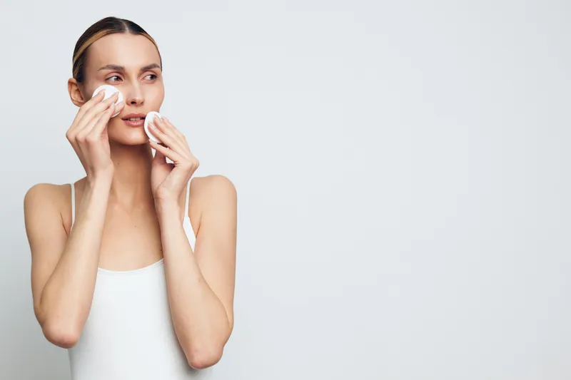 A young woman in a white tank top cleanses her face with cotton pads against a plain background. The concept focuses on skincare, beauty routine, and personal care.