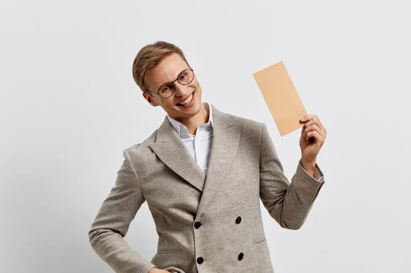 Full body smiling happy cheerful man with glasses wearing beige plaid blazer holding blank card in hand isolated on white background. People lifestyle concept, professional, confident, positive.