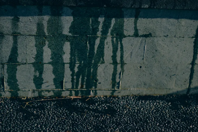 Urban scene with bold shadows on a textured wall and dark pavement, creating an abstract pattern and moody atmosphere for lifestyle, architecture, and urban design projects.