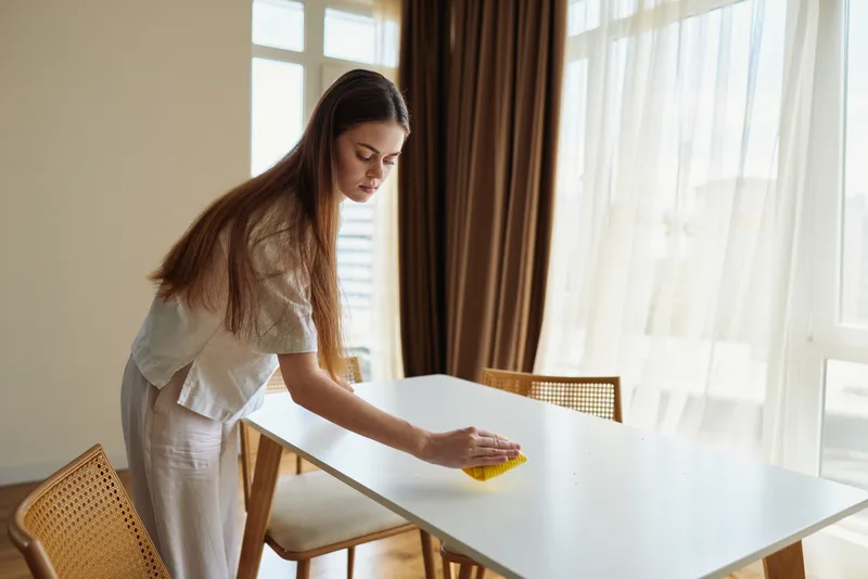Woman cleaning table with yellow sponge in bright dining interior, domestic chore and tidy home scene, female wiping surface near window with natural sunlight and simple furniture